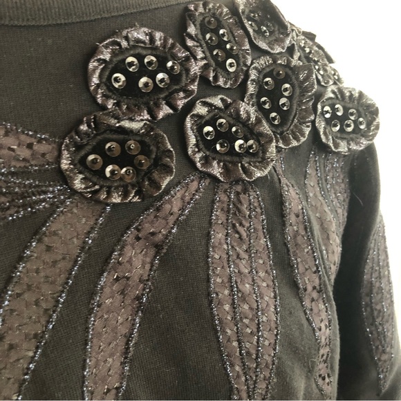 Vintage 80s Black Sweatshirt Batwing Beaded Sequins Flower Appliqué Decorative - Picture 4 of 14